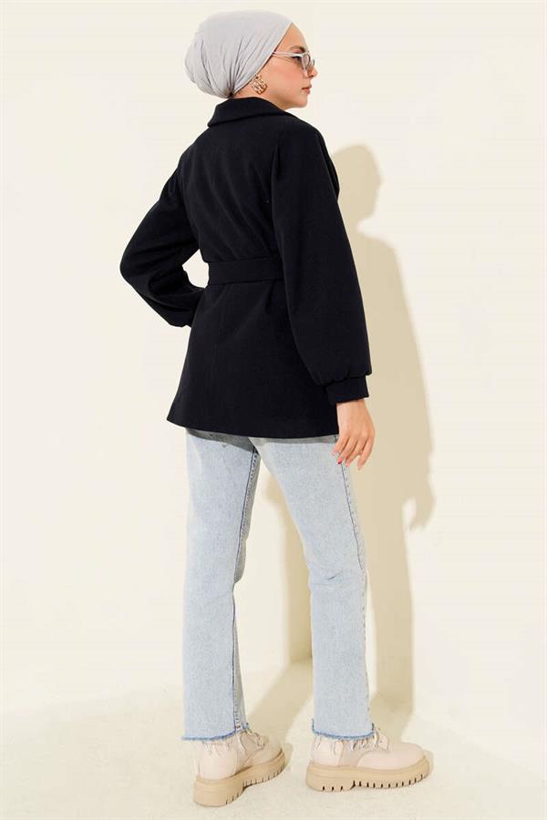 Balloon Sleeve Short Cashmere Coat Navy Blue