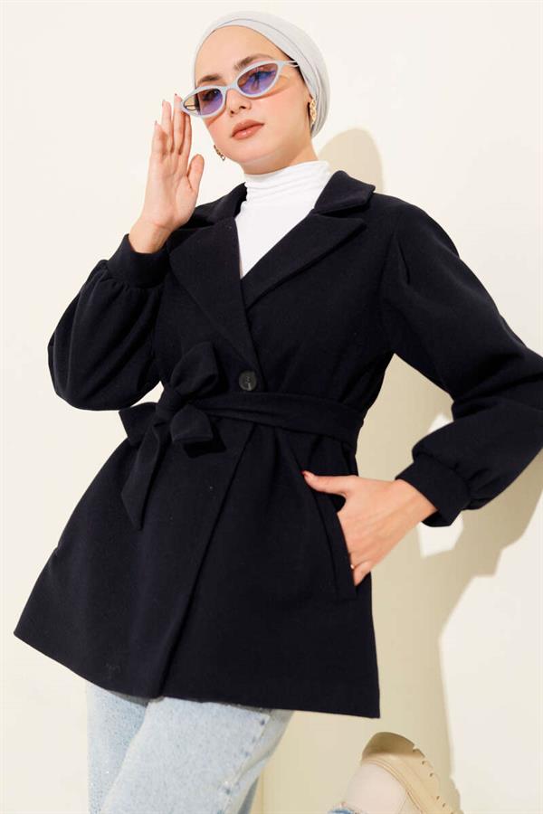 Balloon Sleeve Short Cashmere Coat Navy Blue