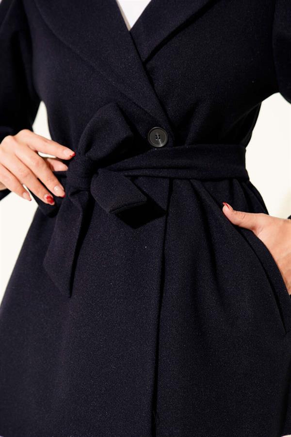 Balloon Sleeve Short Cashmere Coat Navy Blue