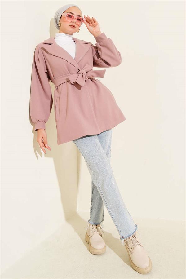 Balloon Sleeve Short Cashmere Coat Powder