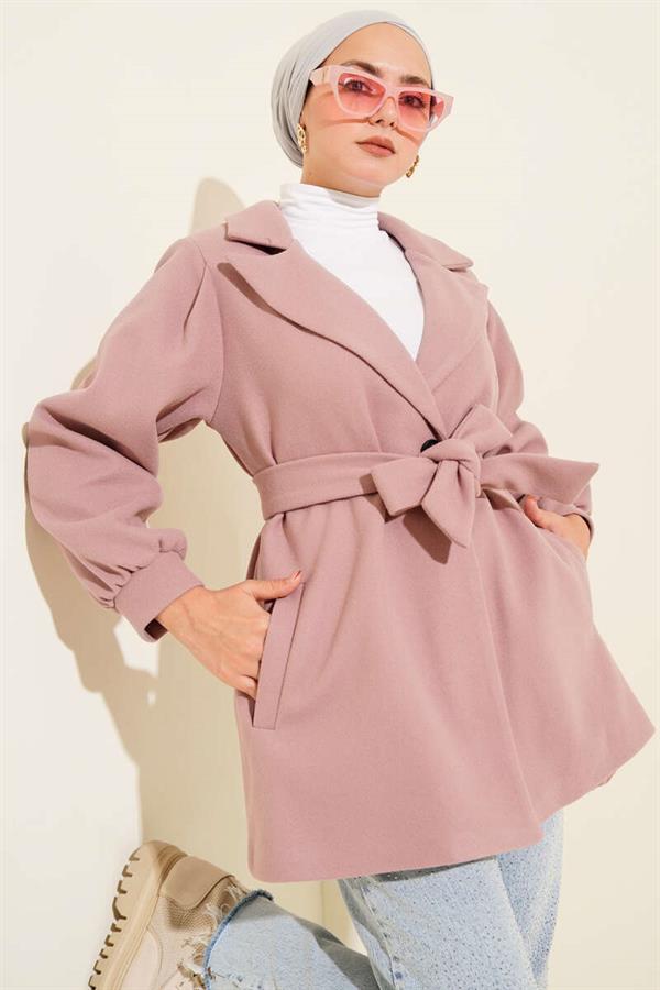 Balloon Sleeve Short Cashmere Coat Powder