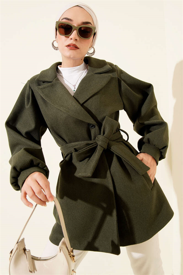 Balloon Sleeve Short Cashmere Coat Green