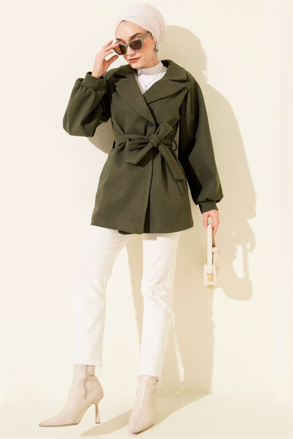 Balloon Sleeve Short Cashmere Coat Green