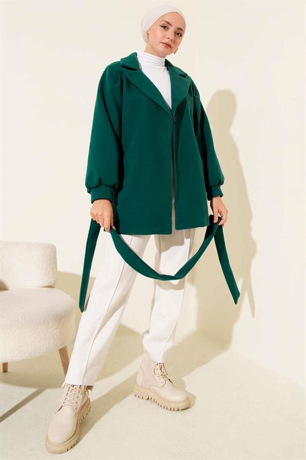 Balloon Sleeve Short Cashmere Coat Emerald