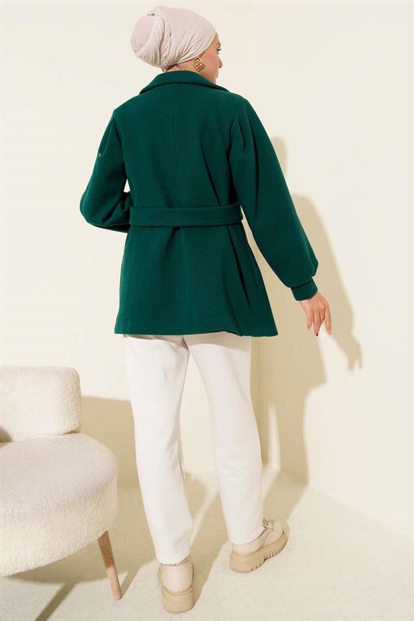Balloon Sleeve Short Cashmere Coat Emerald