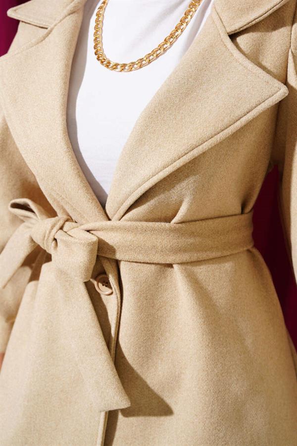 Balloon Sleeve Belted Lined Cashmere Coat Latte