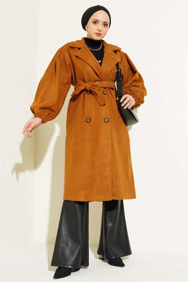 Balloon Sleeve Belted Cashmere Coat Mustard