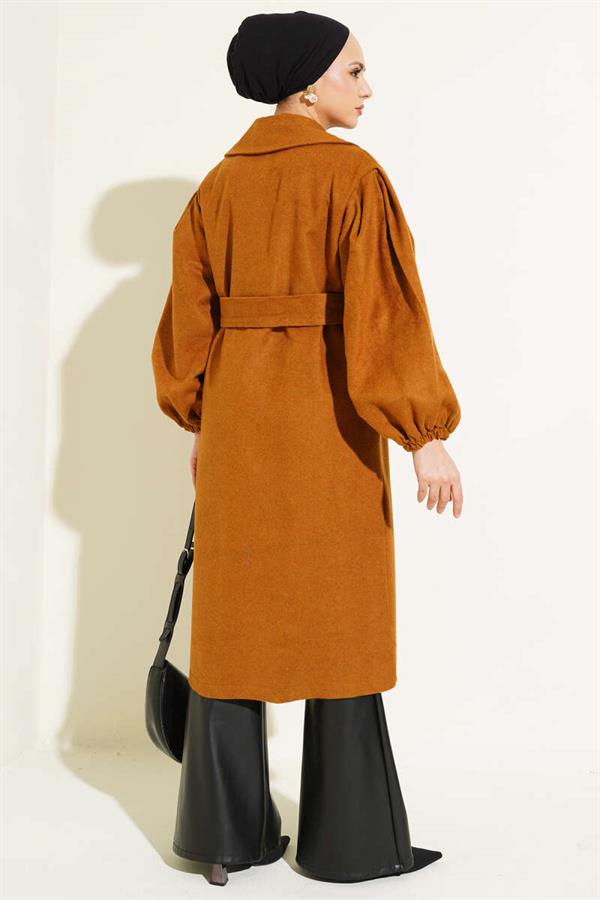 Balloon Sleeve Belted Cashmere Coat Mustard
