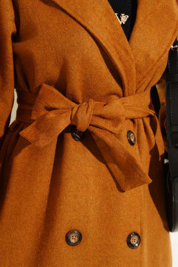 Balloon Sleeve Belted Cashmere Coat Mustard