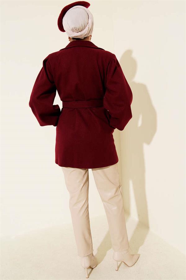 Balloon Sleeve Belted Short Coat Burgundy