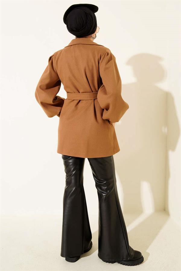 Balloon Sleeve Belted Short Coat Camel