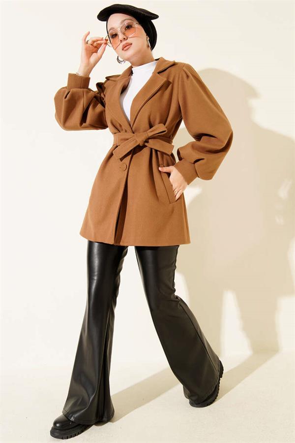 Balloon Sleeve Belted Short Coat Camel
