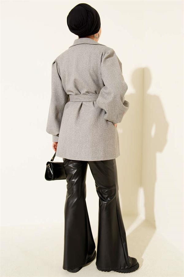 Balloon Sleeve Belted Short Coat Gray