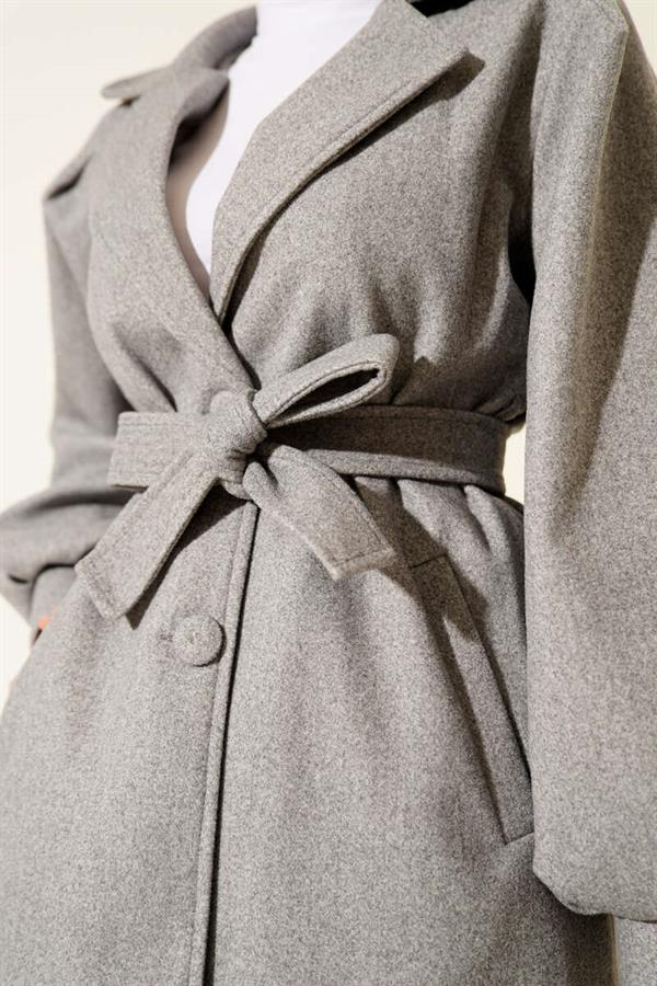 Balloon Sleeve Belted Short Coat Gray