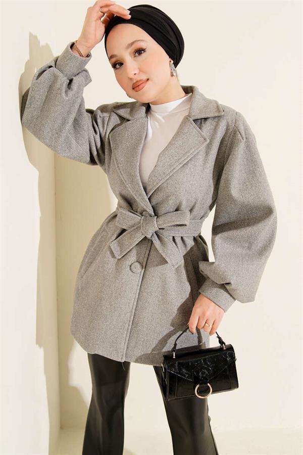 Balloon Sleeve Belted Short Coat Gray