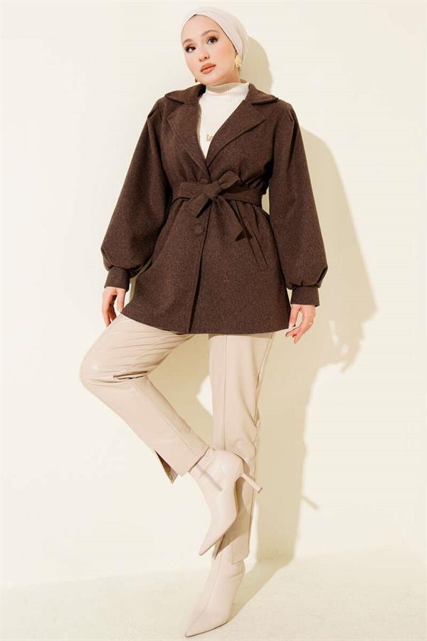 Balloon Sleeve Belted Short Coat Brown