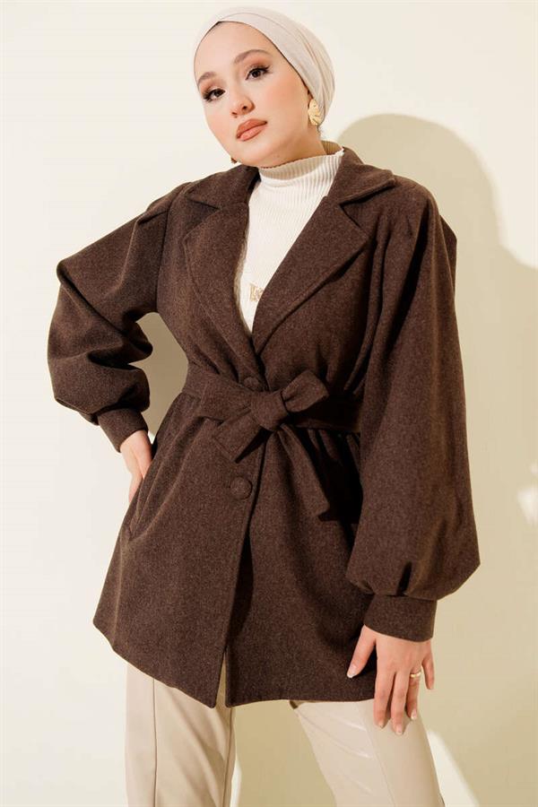 Balloon Sleeve Belted Short Coat Brown