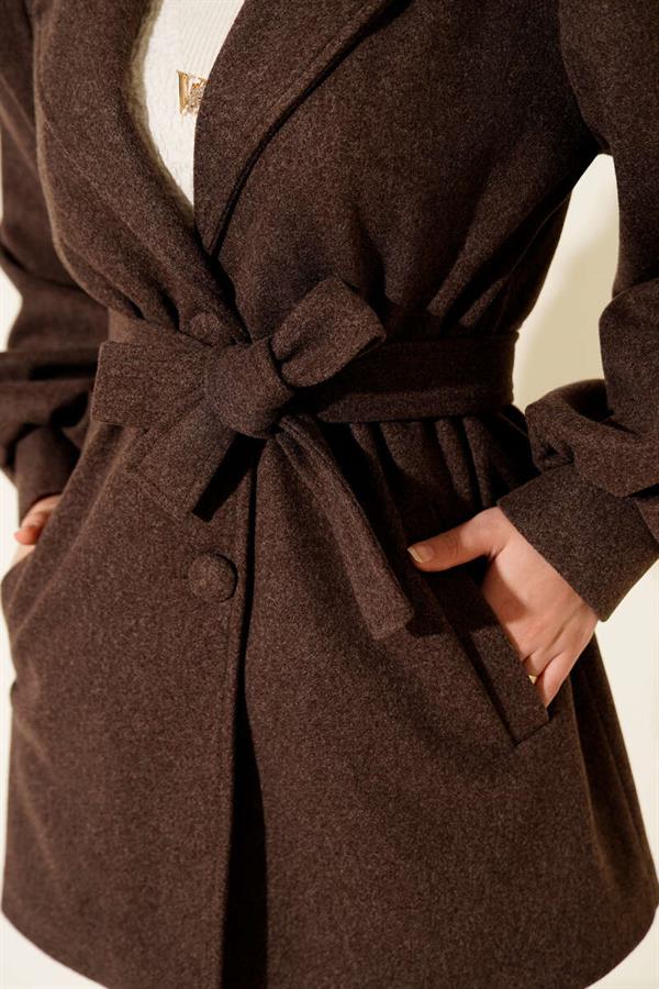 Balloon Sleeve Belted Short Coat Brown