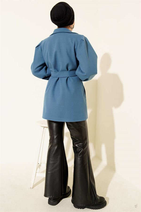 Balloon Sleeve Belted Short Coat Blue