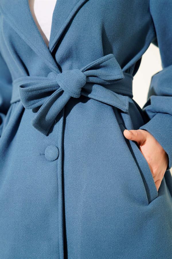 Balloon Sleeve Belted Short Coat Blue