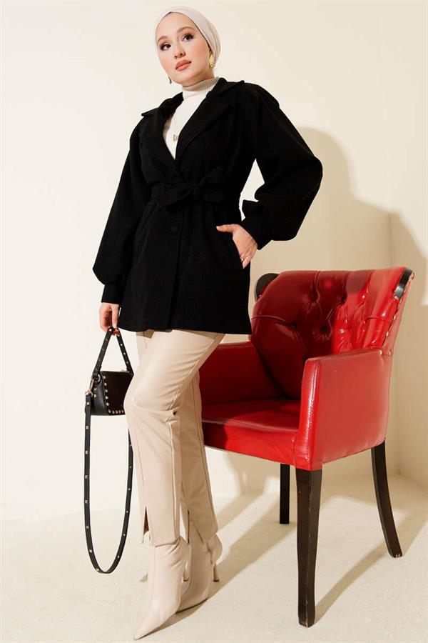Balloon Sleeve Belted Short Coat Black