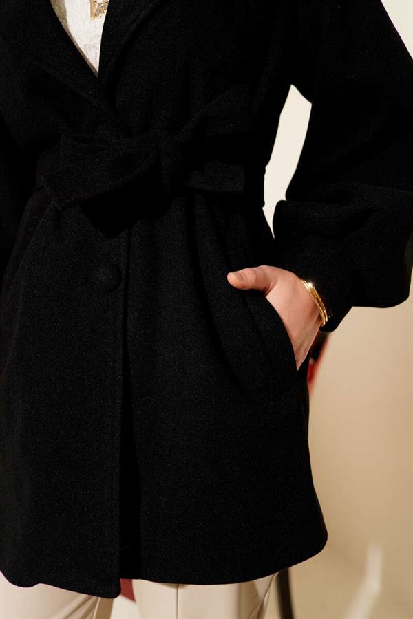 Balloon Sleeve Belted Short Coat Black