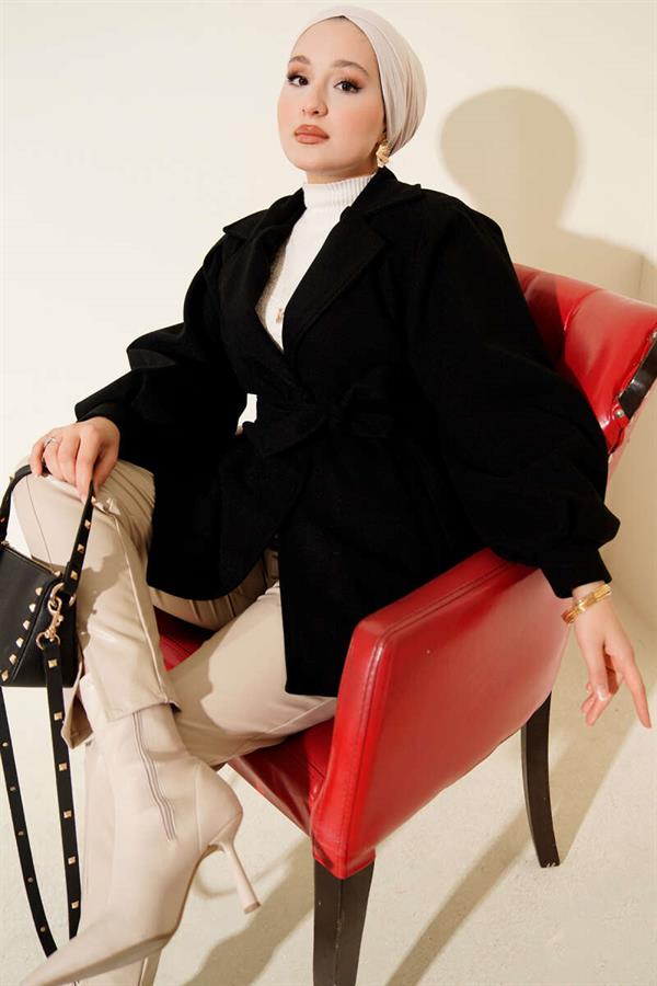Balloon Sleeve Belted Short Coat Black