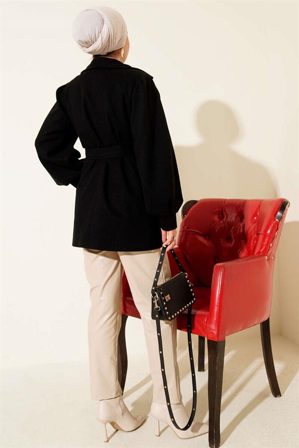 Balloon Sleeve Belted Short Coat Black