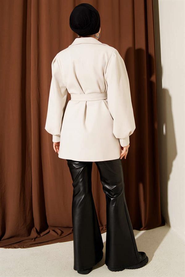 Balloon Sleeve Belted Short Coat Stone