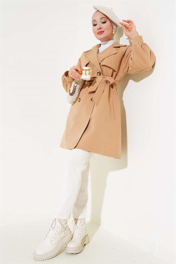 Balloon Sleeve Belted Short Trench Coat Camel