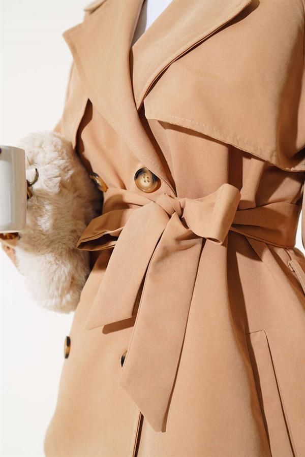Balloon Sleeve Belted Short Trench Coat Camel