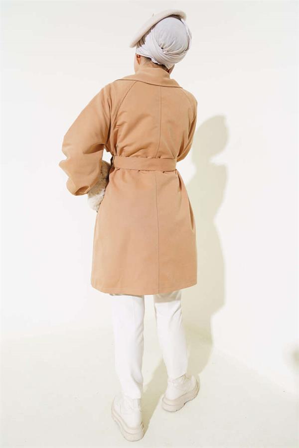 Balloon Sleeve Belted Short Trench Coat Camel