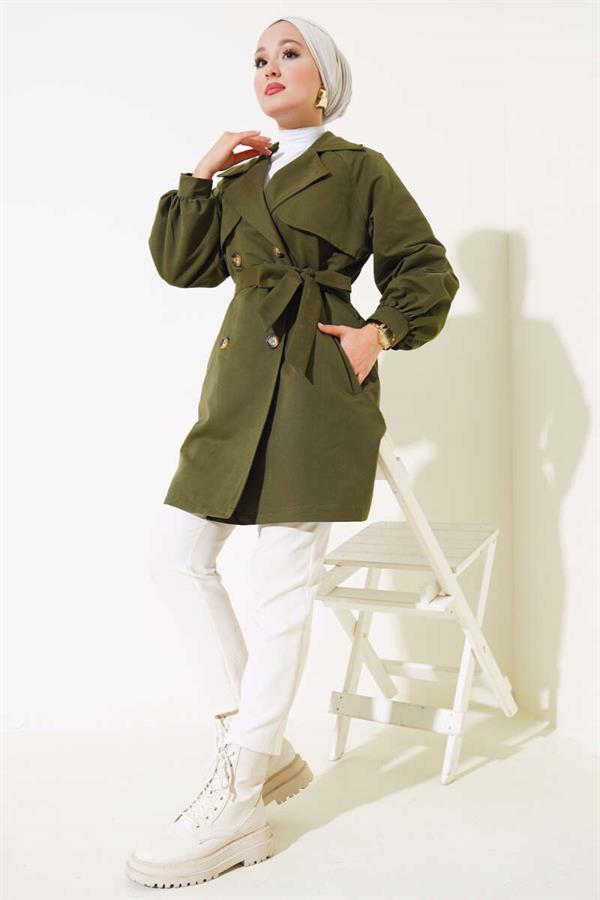 Balloon Sleeve Belted Short Trench Coat Khaki