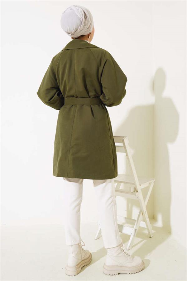 Balloon Sleeve Belted Short Trench Coat Khaki