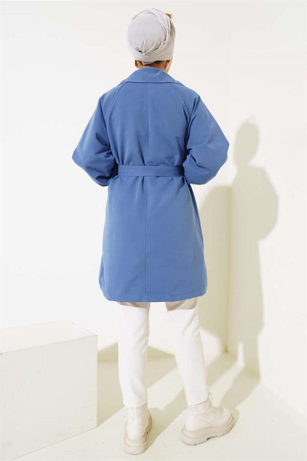 Balloon Sleeve Belted Short Trench Coat Indigo
