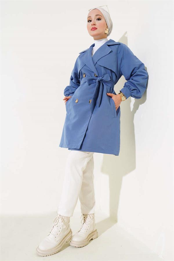 Balloon Sleeve Belted Short Trench Coat Indigo