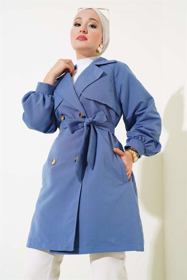 Balloon Sleeve Belted Short Trench Coat Indigo