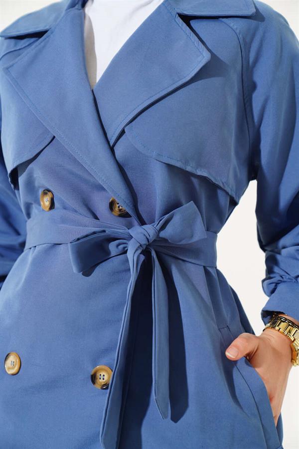 Balloon Sleeve Belted Short Trench Coat Indigo