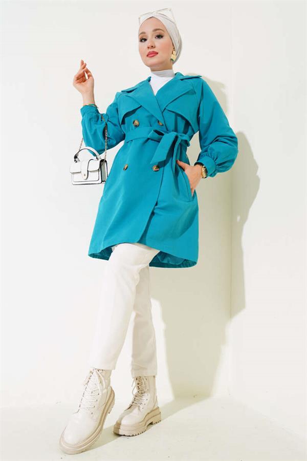 Balloon Sleeve Belted Short Trench Coat Petrol Green