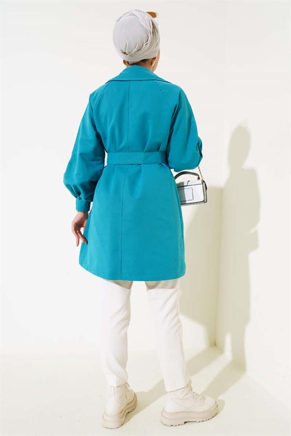 Balloon Sleeve Belted Short Trench Coat Petrol Green