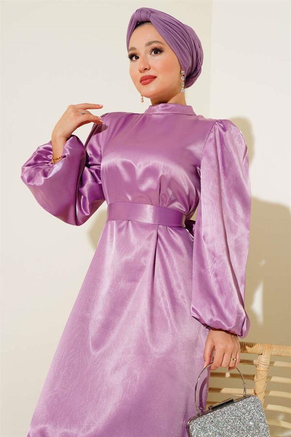 Balloon Sleeve Belted Satin Dress Lilac