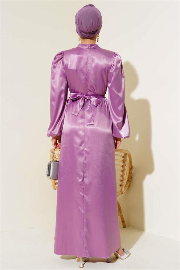 Balloon Sleeve Belted Satin Dress Lilac