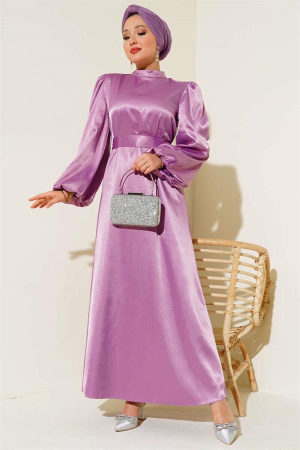 Balloon Sleeve Belted Satin Dress Lilac