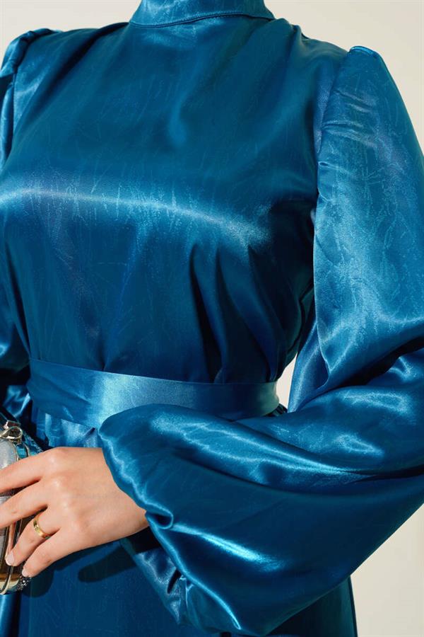 Balloon Sleeve Belted Satin Dress Petrol