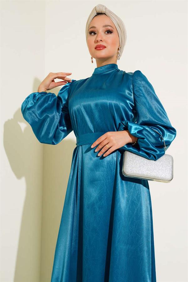 Balloon Sleeve Belted Satin Dress Petrol