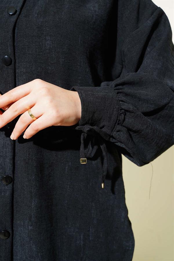 Balloon Sleeve Cuff Lace Up Shirt Black