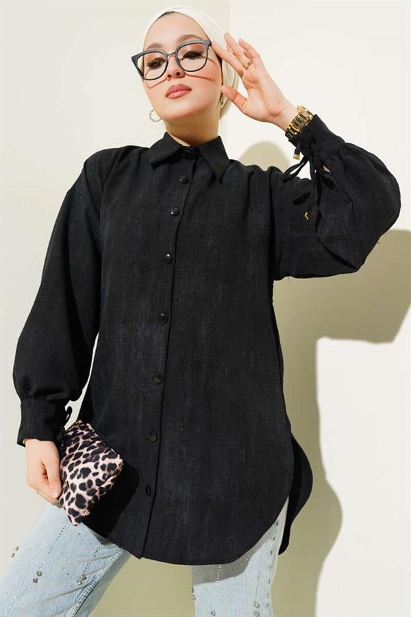 Balloon Sleeve Cuff Lace Up Shirt Black