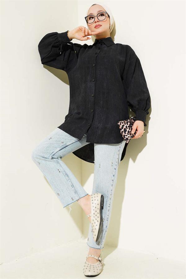 Balloon Sleeve Cuff Lace Up Shirt Black
