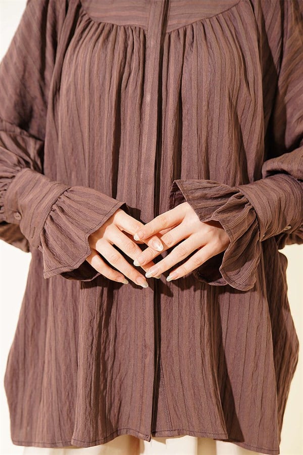 Balloon Sleeve Cuff Shirt, Brown