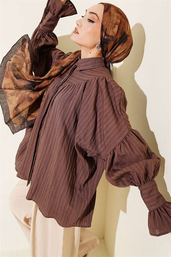 Balloon Sleeve Cuff Shirt, Brown